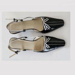 FRANCO SARTO Leather Black Sling Back Pump Heels with White Bow